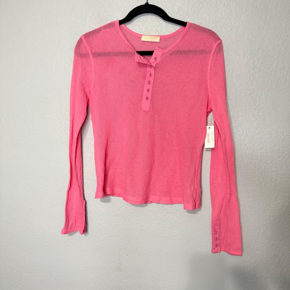 Ulla Johnson Johanna Pullover Pink Mesh Henley Top Dahlia Medium